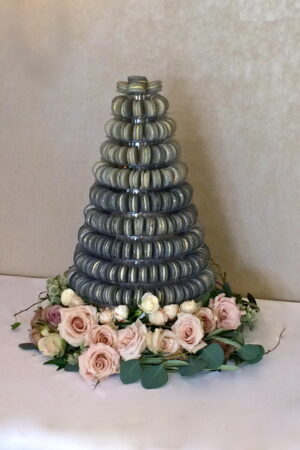 Grey & gold speckled Macaron Tower at  The Bingham