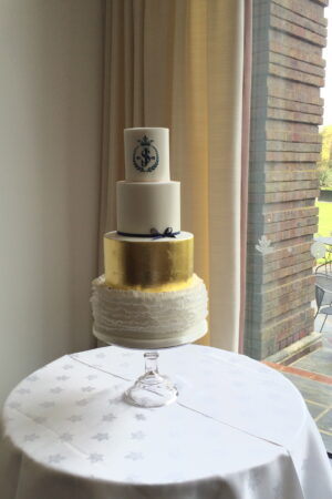 Gold Leaf & Ruffle Monogram Cake at The Lensbury